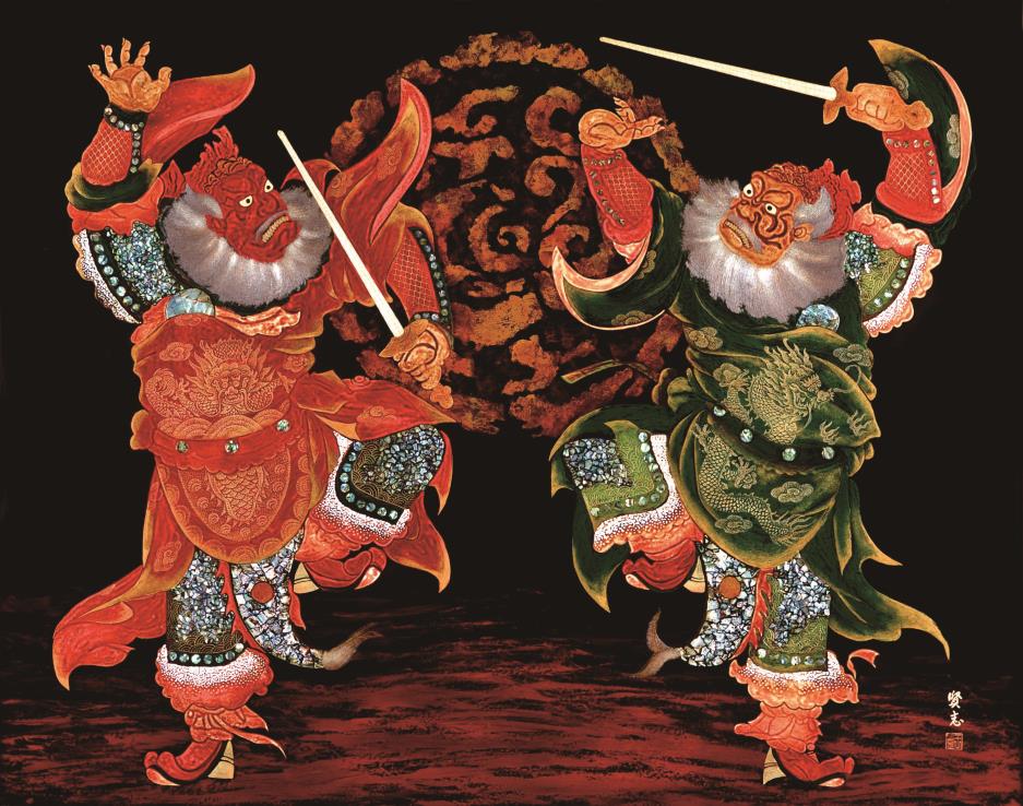 門神武將充滿宗教色彩圖樣黑色背景門神拿劍揮舞跳舞充滿神性很漂亮