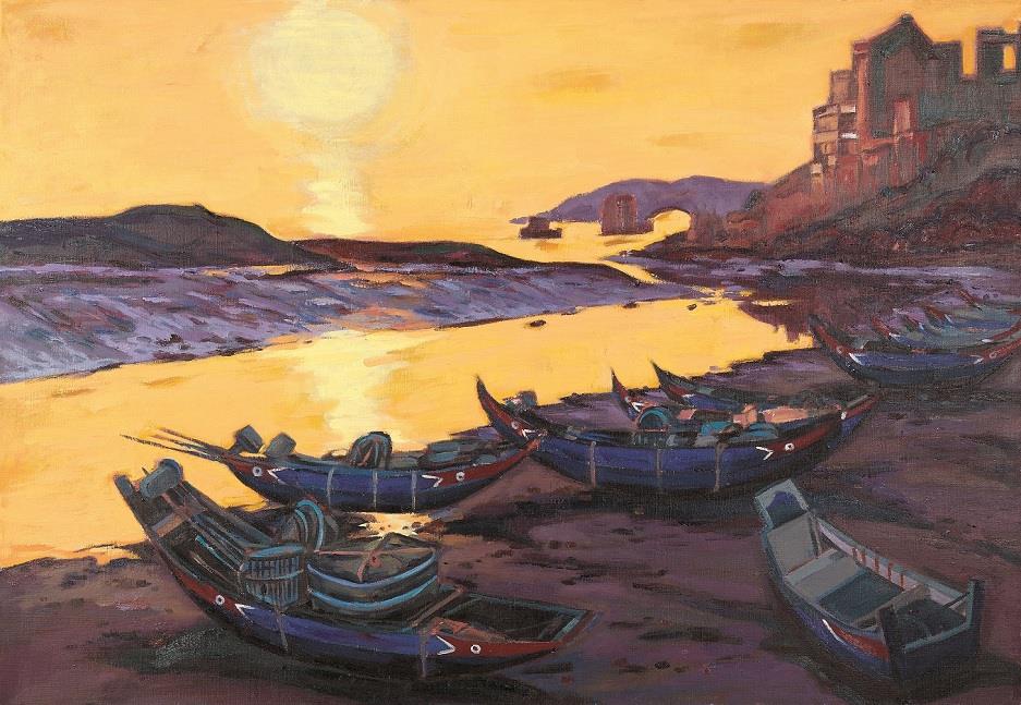 轉角遇見大師-倪朝龍作品展油畫作品《黃昏的故鄉-淡水暮色》