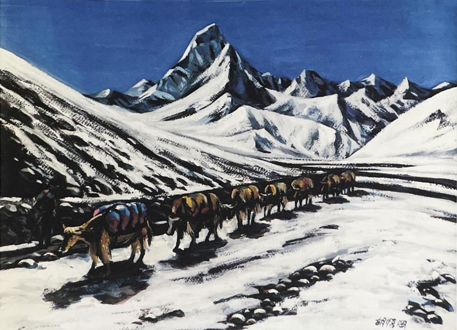 遠方湛藍的天空加上剛硬筆法，表現出雪地硬挺突出的山   峰，與前景稍柔筆觸的雪地，表現出剛柔對比的意境