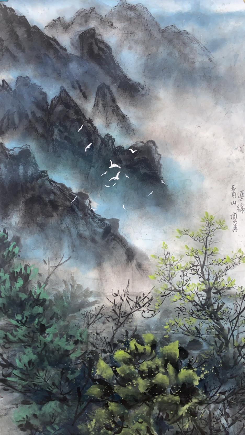 「皇帝筍纖維毛筆繪染竹仔坑-水墨行者何木火師生成果展」徐鳳英作品〈青山連綿〉