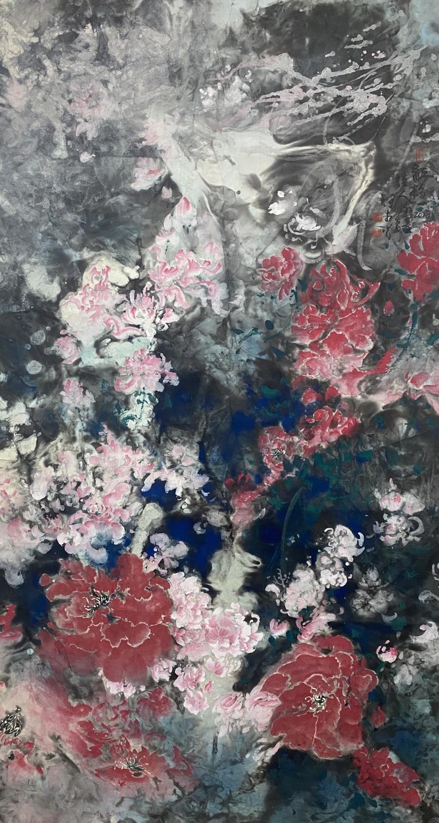 「皇帝筍纖維毛筆繪染竹仔坑-水墨行者何木火師生成果展」何木火作品〈粉紅佳人〉