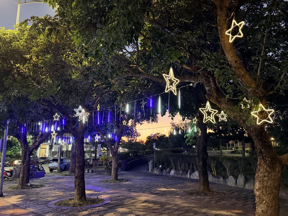 戶外樹上的雪球燈、流星燈、雪花燈相互輝映2