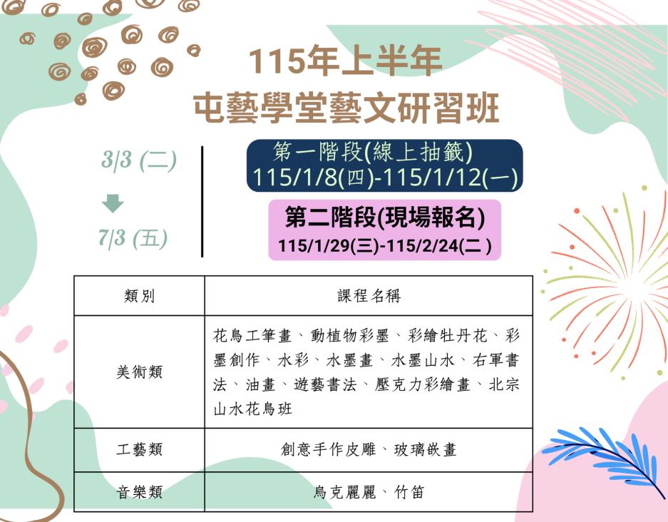 115年上半年「屯藝學堂-藝文研習班」