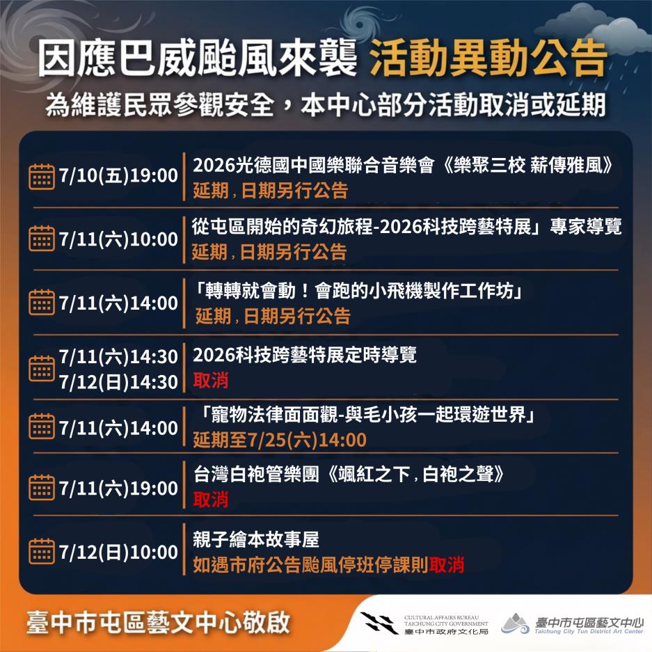 巴威颱風來襲本中心活動異動公告