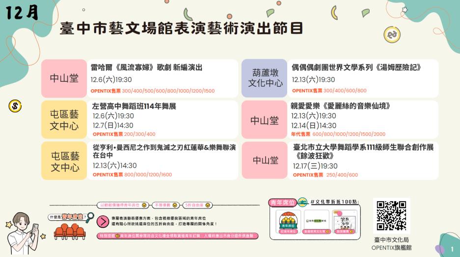 高雄市左營高中舞蹈班114年舞展｜12/6( 六）19:30、12/7( 日）14:30 ｜演藝廳 ； 草山樂坊｜《從亨利曼西尼之作到鬼滅之刃紅蓮華》｜12/13( 六）14:30｜演藝廳
