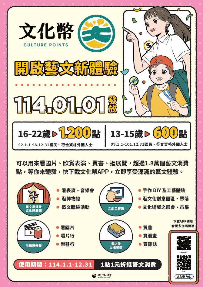10月1日至12月31日推出「青春觀表藝，票票贈百點」活動，使用文化幣購買「表演藝術青年席位」，除了原有特價優惠，每張票加碼獲得100點回饋，13-15歲最高回饋600點、16-22歲最高1200點。