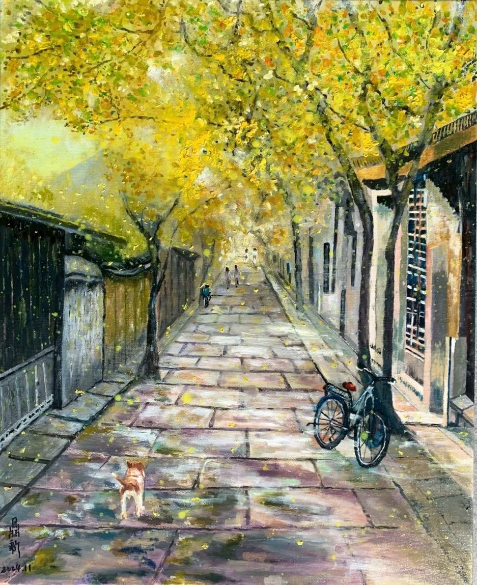 本展以「色」為核心，集結六位創作者，以油畫呈現多元創作語言。作品-巷弄裡的流光。
