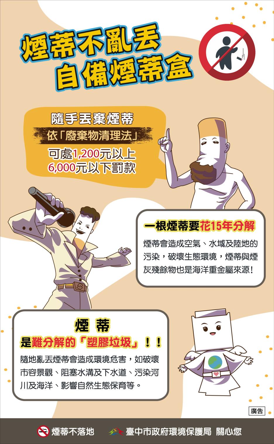 隨手丟棄煙蒂，依「廢棄物清理法」可處1,200元以上，6,000元以下罰款