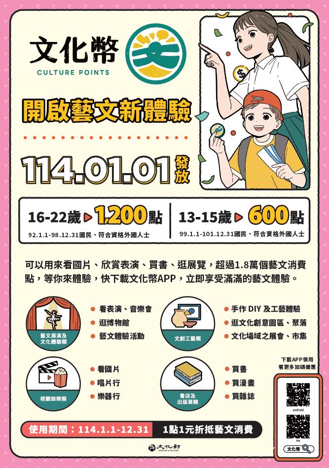 文化幣開啟藝文新體驗，使用期間：114.1.1-12.31