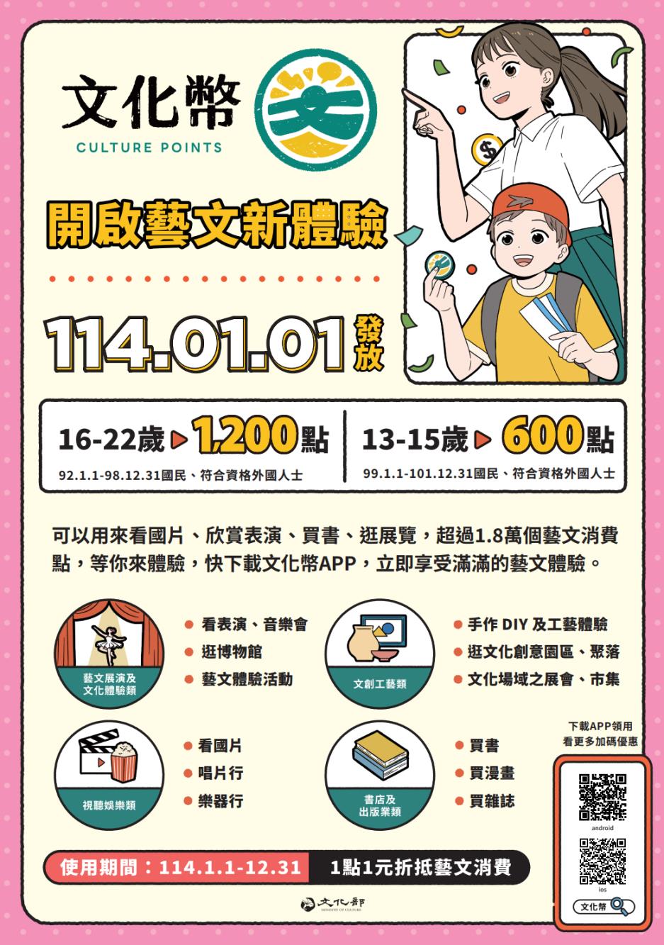 文化幣開啟藝文新體驗，可以看國片、欣賞表演、買書、逛展覽，超過1.8萬個藝文消費點，等你來體驗！ 
